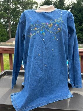 Bedford Fair Lifestyles Denim Embroidered Floral Long Sleeve Cotton Tunic - M